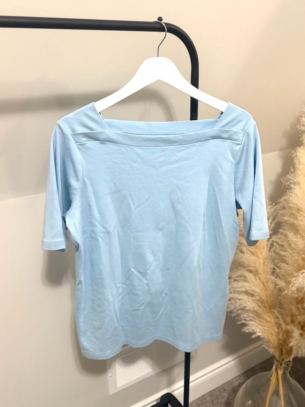 L.L. Bean Light Blue Square Neck Elbow Sleeve Top